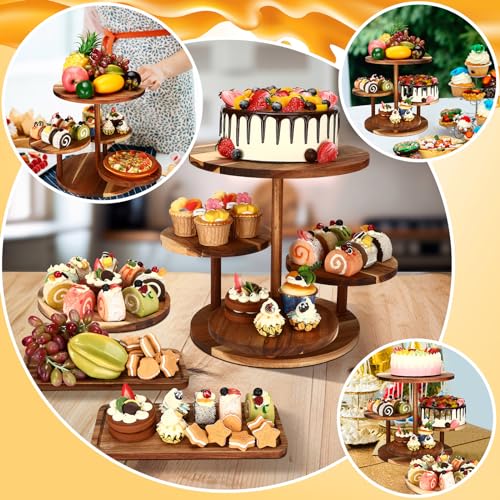 Hushee 4 Pcs Wood Round Cupcake Tower Stand with Serving Platters Trays Set, 4 Tier Wooden Cake Stand Tray with 1 Round Dinner Plate 2 Rectangular Plates for Dessert Snack Party(Brown)