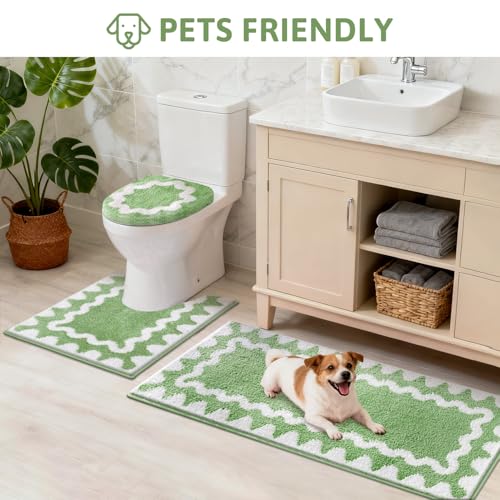 Findosom Bathroom Rugs Sets 5 Piece, Absorbent Soft Non-Slip Bath Rug Set | Washable Microfiber Shaggy Bath Mat Set with Bathroom Runner Rug, U-Shaped Toilet Rugs, Shower Rug & Toilet Lid Cover, Green - color: Green & White, size: 18"x26"+20"x32"+20"x48"+
