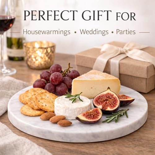 8-Inch Round Marble Cheese Board with Non-Slip Feet | Natural Marble Construction, Unique Veining, 8-Inch Size, 0.5 Inch Thick, Non-Slip Feet, Scratch Protection - color: White, size: 8"L x 8"W