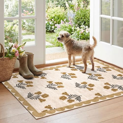 Floral Outdoor Rug, 28"x43" Front Door Mat Indoor Outside Entrance | Non-Slip Washable Outdoor Mat Beige Vintage Farmhouse Rug for Entryway Kitchen Bedroom Layered Doormat for Front Porch - color: Flower - Beige, size: 2'4" x 3'7" (Rectangular)