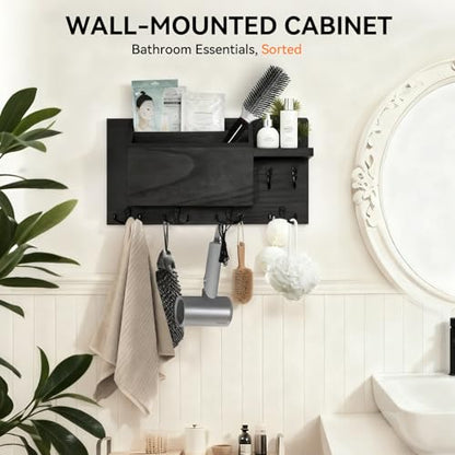 Key Holder Wall Mount, Wooden Mail Organizer with Hooks, Storage Shelf, Letter Box & Green Plant Decor, Practical Wall Entryway Organizer, Black