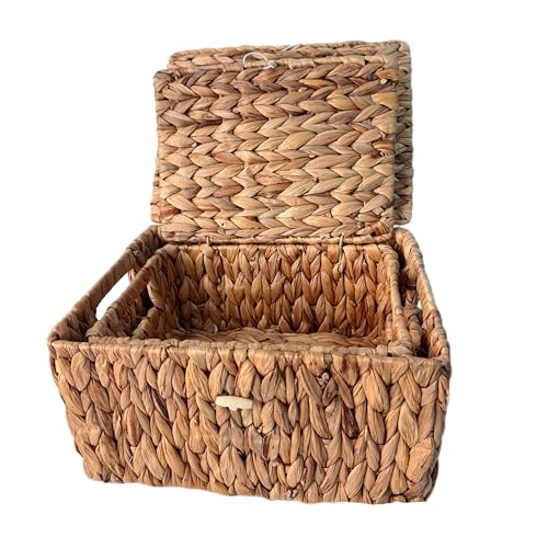 Wicker Storage Baskets Set with Lids - Rattan Organizing Basket Natural Rectangular Shelf Bins for Bedroom, Bathroom, Living Room Clutter - Large & Small Sizes Included