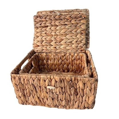 Wicker Storage Baskets Set with Lids - Rattan Organizing Basket Natural Rectangular Shelf Bins for Bedroom, Bathroom, Living Room Clutter - Large & Small Sizes Included