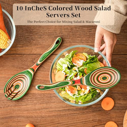 Gudamaye Pakkawood Wooden Salad Server Set,10.5 inch Salad Tongs for Serving including Salad Mixing Dinner Fork and Spoon,Long Handle Salad Server Set - color: Green