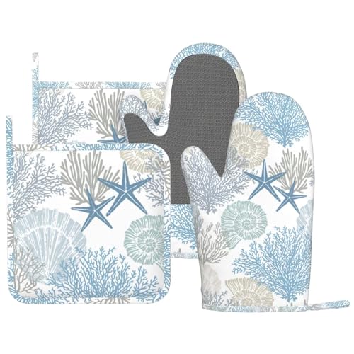 Nautical Coastal Oven Mitts and Pot Holders Sets Silicone Starfish Seashell Coral Beach Themed Kitchen Mitts Potholders Heat Resistant 4Pcs Ocean Oven Gloves Hot Pads for BBQ Grilling,Blue - color: Nautical Coastal