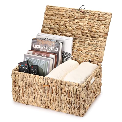 Large Wicker Basket with Lid, Natural Water Hyacinth Storage Baskets with Built-in Handles Woven Decorative Box for Shelf Pantry Laundry, Home Organizer, 15.7"x11"x7.5" - size: 15.7"L x 11"W x 7.5"H
