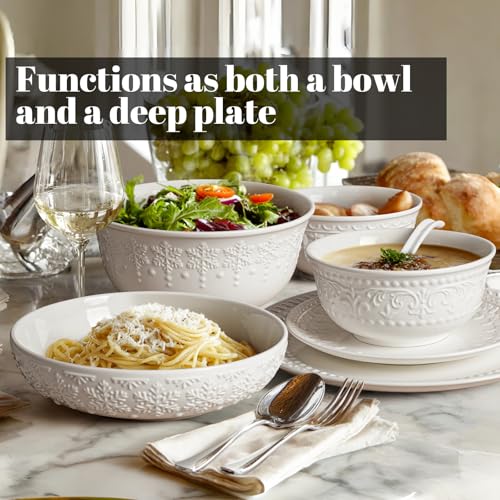 Pasta Bowls 32oz, Ceramic Large Salad Bowls 8 inch, White Embossed Soup Bowl Set of 4 for Entertaining, Serving, Dinner, Wide Shallow Microwave Dishwasher Oven Safe (Snowflake) - color: Snowflake