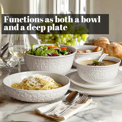 Pasta Bowls 32oz, Ceramic Large Salad Bowls 8 inch, White Embossed Soup Bowl Set of 4 for Entertaining, Serving, Dinner, Wide Shallow Microwave Dishwasher Oven Safe (Snowflake) - color: Snowflake