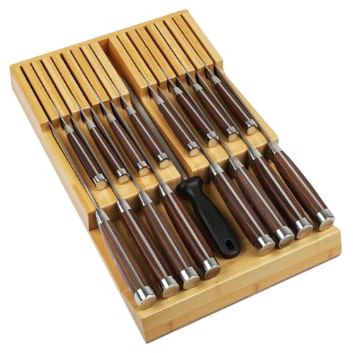Bamboo Kitchen Drawer Knife Holder, In-drawer Knife Block, Knife Drawer Organizer fit for 16 knives and 1 steel sharpening | Compact design,17 Slots, Thicker Base Board, Large Drawer Knife Storage For Steak, Paring, Bread Knives, Sharpening Steel - size: