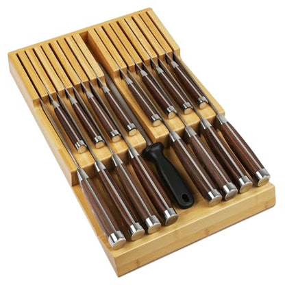 Bamboo Kitchen Drawer Knife Holder, In-drawer Knife Block, Knife Drawer Organizer fit for 16 knives and 1 steel sharpening | Compact design,17 Slots, Thicker Base Board, Large Drawer Knife Storage For Steak, Paring, Bread Knives, Sharpening Steel - size:
