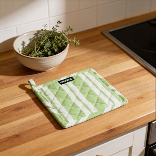 Encasa XO Pot Holders, Quilted Kitchen Hot Pads 8"x8" Franca Lime Stripes | 100% Eco-Friendly Cotton | Thick Cotton Padding Insulation | Convenient Hanging Loop | Set of 2 - color: Franca Lime Stripes
