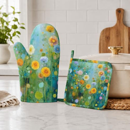 Abstract Oil Painting Flowers Oven Mitts and Pot Holders Sets Non-Slip Silicone Surface for BBQ Gloves,Kitchen,Cooking,Baking,Grilling - color: Abstract Oil Painting Flowers