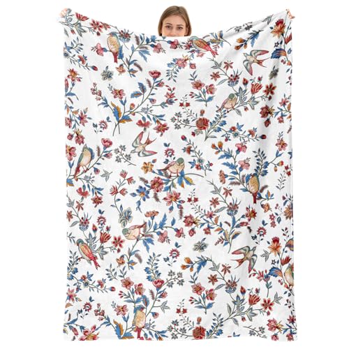 Bird Floral Throw Blanket Flower Plant Cozy Fuzzy Plush Throw Blankets Flannel Fleece Throw Blanket Gift for Women Girl Adult Boho Blankets for Bed Sofa Travel 60" x 80" Inch - color: Bird Floral, size: 60" X 80"