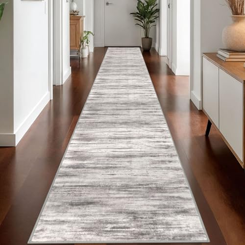KOZYFLY Modern Abstract Washable Long Runner Rug 2.6x18 Hallway Rug Runner Non-Slip Soft Stair Runner Rugs, Grey/Light Beige/Brown Striped Carpet for Kitchen Entryway Bathroom - color: Grey/Light Beige/Brown, size: 2'8" x 18' (Runner)