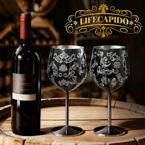 Lifecapido Stainless Steel Wine Glasses Set of 2, 18oz Etched Black Wine Goblets, Unique Wine Glasses with Intricate Baroque Engravings for Party Wedding Anniversary - color: Black