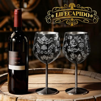 Lifecapido Stainless Steel Wine Glasses Set of 2, 18oz Etched Black Wine Goblets, Unique Wine Glasses with Intricate Baroque Engravings for Party Wedding Anniversary - color: Black