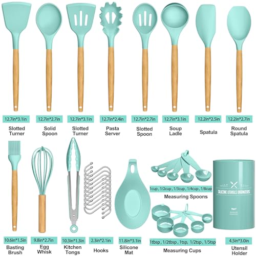 Umite Chef Kitchen Cooking Utensils Set, 24 pcs Non-stick Silicone Cooking Kitchen Utensils Spatula Set with Holder, Wooden Handle Heat Resistant Silicone Kitchen Gadgets Utensil Set (Green) - color: Green
