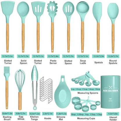 Umite Chef Kitchen Cooking Utensils Set, 24 pcs Non-stick Silicone Cooking Kitchen Utensils Spatula Set with Holder, Wooden Handle Heat Resistant Silicone Kitchen Gadgets Utensil Set (Green) - color: Green