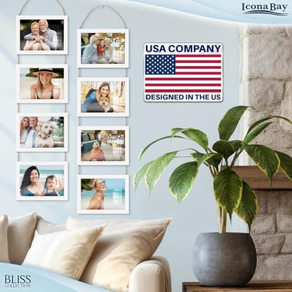 5x7 Hanging Picture Frames Collage with 8 Openings - Winter White, 2 PK | Icona Bay casual style engineered wood frames, designed for wall hanging, space-saving photo display, Bliss collection - color: Winter White, size: 5x7