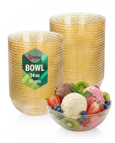 bUCLA 50Pack Gold Glitter Plastic Serving Bowls - 24oz Gold Disposable Dessert/Salad/Soup/Salad/Fruit/Cereal Bowls for Wedding & Party - color: Gold Glitter, size: 24oz
