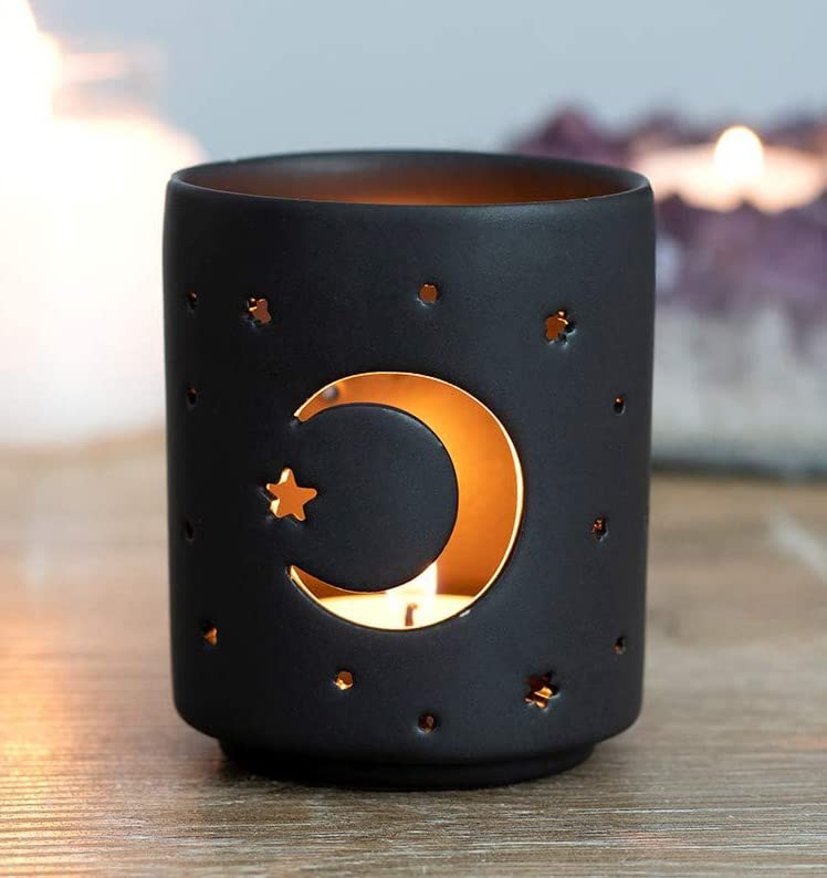 Ebros Gift Wicca Triple Goddess Witchcraft Mystical Moon and Stars Matte Black Ceramic Cutout Votive Tea Light Candle Holder Figurine Ossuary Macabre Psychic Halloween Decor Sculpture