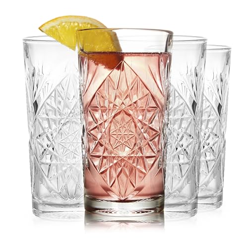 Libbey Hobstar Cooler Glasses, Cut Glass Drinking Glasses Set of 4, Hi-Ball Textured Drinking Glasses, 16 oz Cocktail Glass Set for Soda, Mixed Drinks - color: Hobstar Cooler