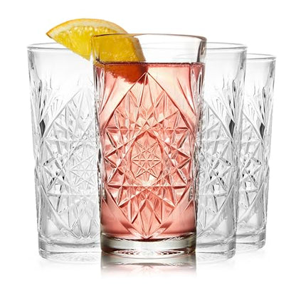 Libbey Hobstar Cooler Glasses, Cut Glass Drinking Glasses Set of 4, Hi-Ball Textured Drinking Glasses, 16 oz Cocktail Glass Set for Soda, Mixed Drinks - color: Hobstar Cooler