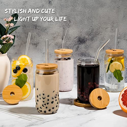 16 Oz Drinking Glasses - 6 Pcs Glass Cups with Bamboo Lids and Straws | Food-grade durable clear tumbler, Coffee bar accessories, Aesthetic gift, For beer, Iced tea, Include 2 cleaning brushes