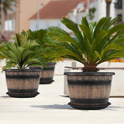 Quarut Large Plastic 4 Pack14 inch Plant Pots,Whiskey Barrel Planters with Drainage Holes & Saucer.Flower Pots Imitation Wine Barrel Design for Indoor & Outdoor Garden Balcony Plants.5 Gallons(Brown) - size: 14 inches