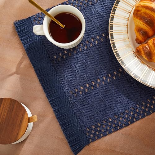 Macrame Style Boho Placemats Set of 4, Navy Blue 12x20 Inch | Decorative Farmhouse Table Mats, Natural Cotton Woven Place Mats, Bohemian Home Decor for Kitchen Dining Table - color: Navy Blue, size: Set of 4