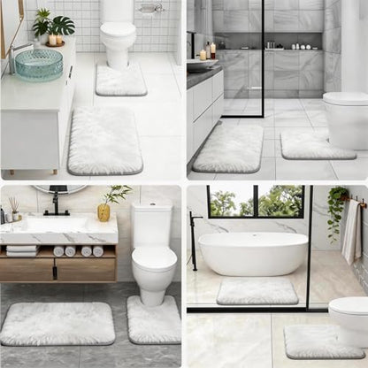 Shaggy Bathroom Rugs Set Plush Velvet Bath Rugs Non-Slip Bath Mat Set 3 Piece,Washable Mats,Absorbent Shaggy Rugs Super Soft U-Shaped Toilet Rug,Bahroom Carpets for Bathroom,Tub,Shower(White - color: White