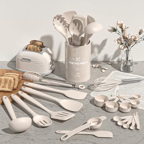 Umite Chef 22-Piece Silicone Cooking Utensils Set，Heat Resistant & Dishwasher Safe Kitchen Tools, Black Non-Scratch Spatula Set for Nonstick Cookware (Khaki) - color: Khaki