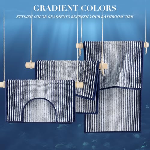 Bathroom Rugs Sets 3 Piece, Toilet Rugs U-Shaped Contour Bath Mat Set, Long Striped Absorbent Non Slip Chenille Shower Mat, Navy Blue - color: Navy Blue, size: 20"x47"+16"x24"+ U Shape 20"x24"