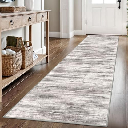 KOZYFLY Modern Abstract Hallway Runner Rug, 2.6x8 Washable Rug Runner Non-Slip Soft Striped Kitchen Runner Rugs, Print Grey/Light Beige/Brown Carpet Runner for Entryway Bathroom - color: Grey/Light Beige/Brown, size: 2'8" x 8' (Runner)