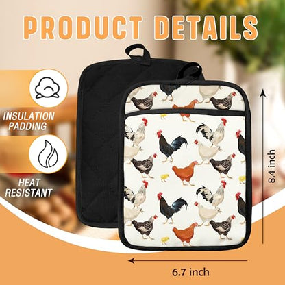 Farmhouse Chicken Pot Holders with Pockets, Farm Rooster Hen Chick Oven Pot Holders Heat Resistant Oven Mitts Hot Pads for Kitchen Baking Cooking