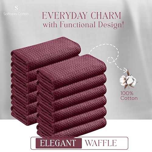 Burgundy Waffle Kitchen Dish Towels, 100% Cotton, Quick Dry, Super Absorbent, Soft, 16x26 Inches – Ideal for Dish Drying, Bar, Hand Wipe, Cleaning, and Everyday Use, 12 Pack, Maroon