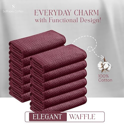 Burgundy Waffle Kitchen Dish Towels, 100% Cotton, Quick Dry, Super Absorbent, Soft, 16x26 Inches – Ideal for Dish Drying, Bar, Hand Wipe, Cleaning, and Everyday Use, 12 Pack, Maroon