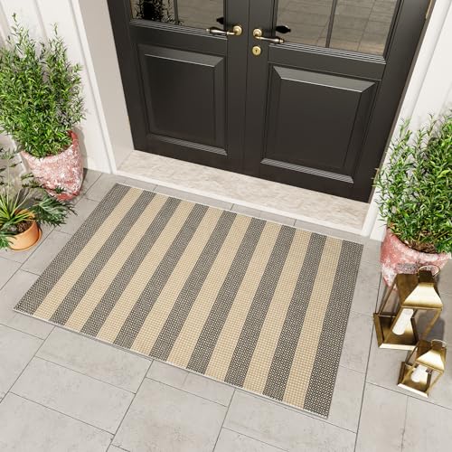 Tan Washable Outdoor Rugs 3'x5' Front Door Mat Porch Rug Patio Decor | Cotton Woven Doormat Indoor Outdoor Rugs Striped Entryway Rugs Small Outdoor Door Mats Outside Entrance for Kitchen Entry - color: Tan/Black/White, size: 3' x 5' (Rectangular)