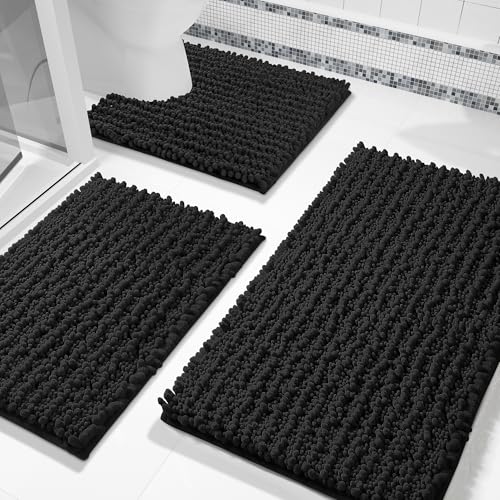 Yimobra Black Bathroom Rug Set 3 Piece - Super Absorbent Quick Dry Chenille Bath Mats & Toilet Rug, Non Slip Machine Washable, Extra Thick Shaggy Floor Mat for Shower Tub Sink - color: Black, size: 24"x20" + 30"x20"+ 44"x24"