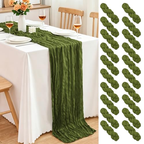 20 Pack Olive Green Cheesecloth Table Runner, 17x108 Inch Semi Sheer Boho Gauze Cheese Cloth Fabric Table Runners for Wedding Party Baby Shower Birthday Garden Farmhouse Table Decor - color: Olive Green, size: 20 Pack