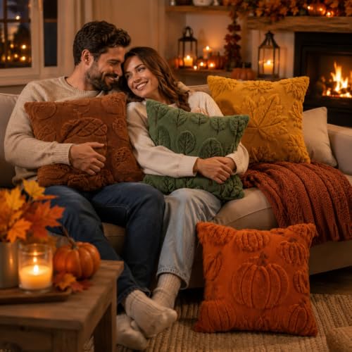 Tiamon 4 Pcs Fall Throw Pillow Covers 18 x 18 Inch Autumn Pillow Cases 3D Embroidered Pumpkin Leaf Plush Fluffy Faux Fur Cushion Covers for Thanksgiving Harvest Decoration Farmhouse Home Sofa Couch - style: Fall B