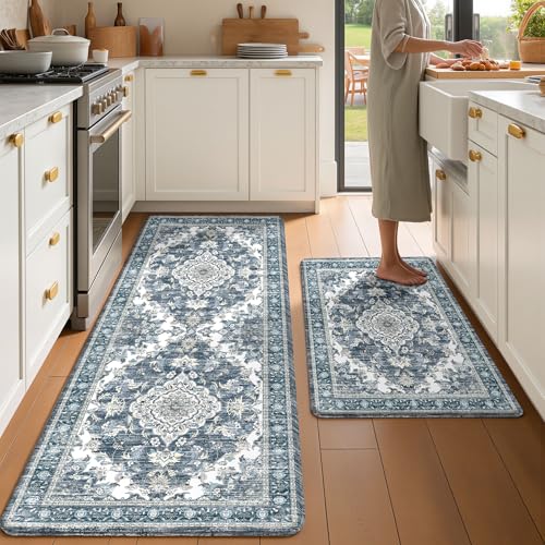 Boho Kitchen Mats for Floor 2 Piece Set Anti Fatigue Cushioned PVC Kitchen Rugs Non Slip Waterproof Farmhouse Mats 2/5 Inch Comfort Standing Mat for Sink, Laundry, 23.6"x39"+23.6"x59", Dark Blue - color: Dark Blue, size: 23.6"x39"+23.6"x59"