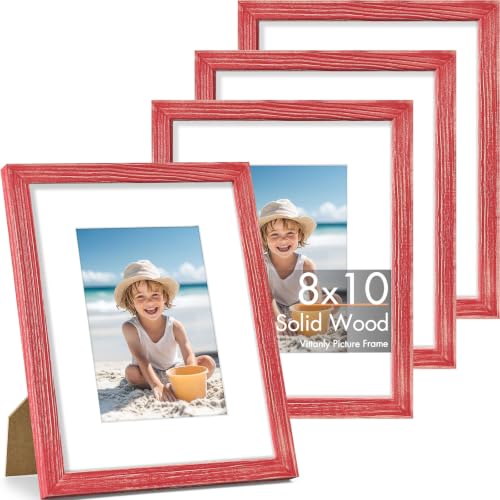 Vittanly Solid Wood 8x10 Picture Frames Set of 4, Distressed Red | 5x7 Picture Frame with Mat, Gallery Wall Frame Set, 8 x 10 Frame for Wall & Tabletop Display, Family, Pet, Christmas - color: Distressed Red, size: 8x10