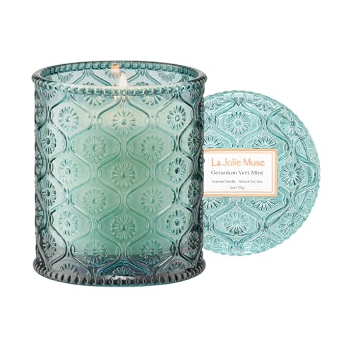 LA JOLIE MUSE Geranium Vert Mint Scented Candle for Home, Soy Wax 40 Hrs | Luxury Blue Jar Candle, Natural Clean Non Toxic, Fresh Summer Candles for Candle Warmer, Gift for Women Men, Lavender, Clove - color: Geranium Vert Mint