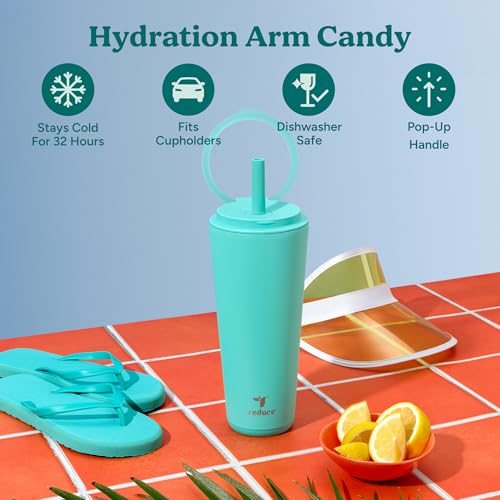 REDUCE Halo 32 oz Stainless Steel Vacuum Insulated Tumbler - Spill Proof Travel Mug with Flip Handle Lid - Keeps Drinks Cold for 32 Hrs - Dishwasher Safe - Cupholder Friendly - Ocean Breeze - color: Ocean Breeze, size: 32 Ounces
