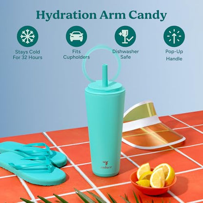REDUCE Halo 32 oz Stainless Steel Vacuum Insulated Tumbler - Spill Proof Travel Mug with Flip Handle Lid - Keeps Drinks Cold for 32 Hrs - Dishwasher Safe - Cupholder Friendly - Ocean Breeze - color: Ocean Breeze, size: 32 Ounces