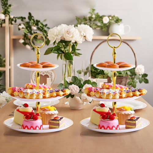Teenyyou 16 Pack 3 Tier Cupcake Stand Bulk Tiered Dessert Stand Thick Plastic Serving Tray with Gold Edges Dessert Table Display Set Tea Cake Holder for Wedding Birthday Party (White) - color: White