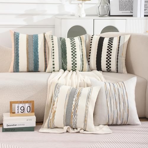 Boho Throw Pillow Covers 18x18 Inch Set of 2 Dark Green | Durable Fabric,Stripe Pillow Covers,Farmhouse Cushion Case,Chenille Pillow Cases,Neutral Pillowcase for Sofa Couch Bed - color: Dark Green Stripe, size: 18" x 18" (Pack of 2)