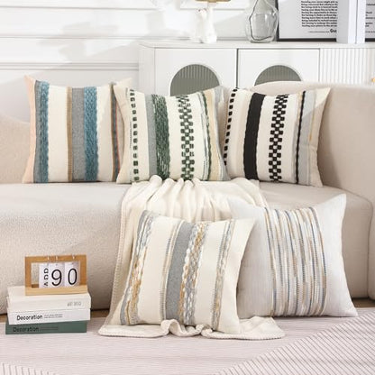 Boho Throw Pillow Covers 18x18 Inch Set of 2 Dark Green | Durable Fabric,Stripe Pillow Covers,Farmhouse Cushion Case,Chenille Pillow Cases,Neutral Pillowcase for Sofa Couch Bed - color: Dark Green Stripe, size: 18" x 18" (Pack of 2)