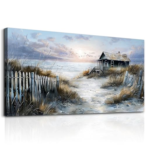 Lapremoly Beach Canvas Wall Art for Living Room Rustic Landscape Painting for Bedroom Modern Abstract Farmhouse Wall Decoration Nature Coastal Seascape Artwork for Bathroom Kitchen Office Home Decor - color: Seaside Wooden House, size: 40"L x 20"W